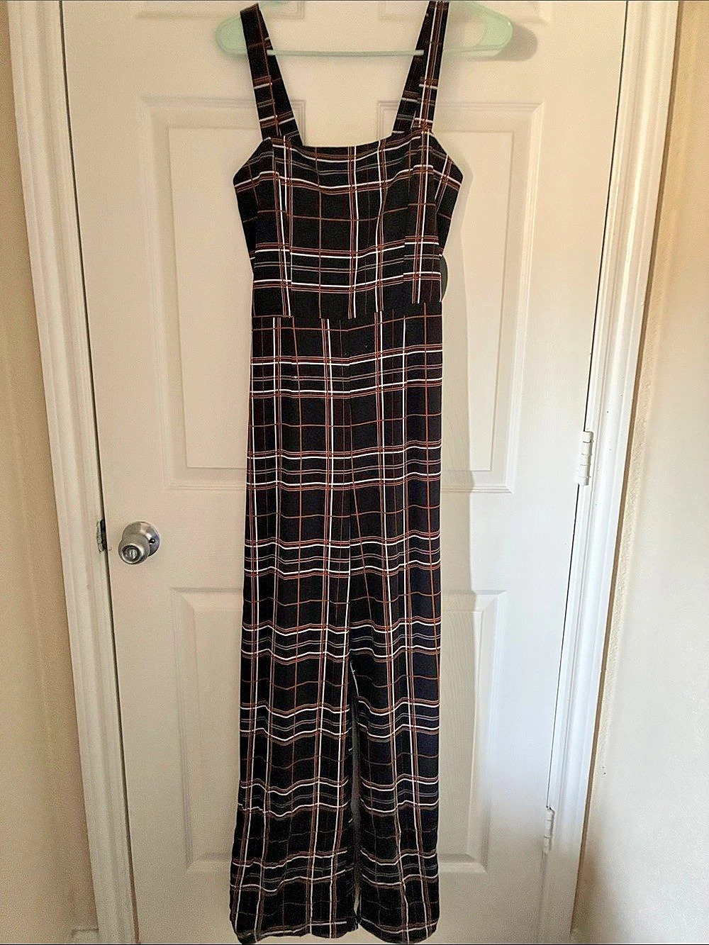 Charlotte Russe Women Square Neck Black & White Plaid Sleeveless Wide Leg Jumpsu